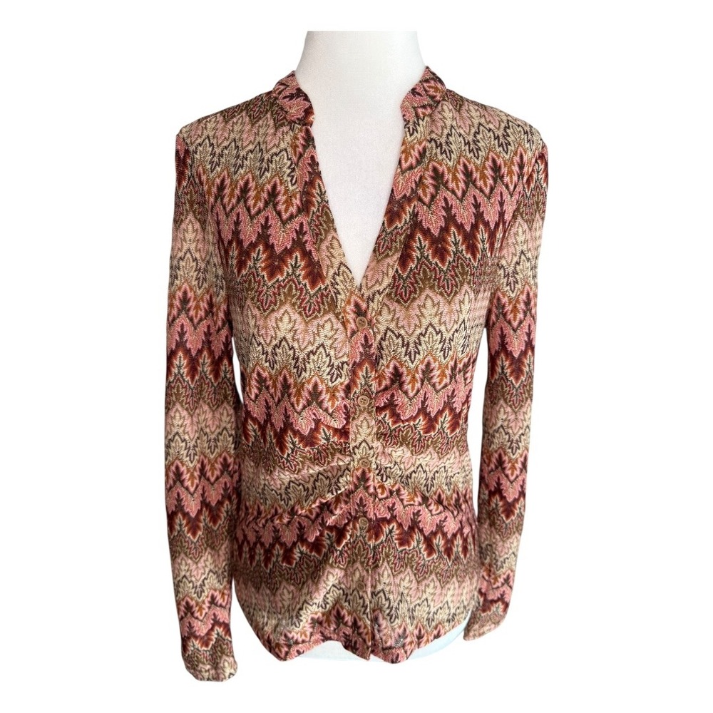DR2 Pink Brown Geometric Knit Cardigan Small Long Sleeve Button Down NWT‎